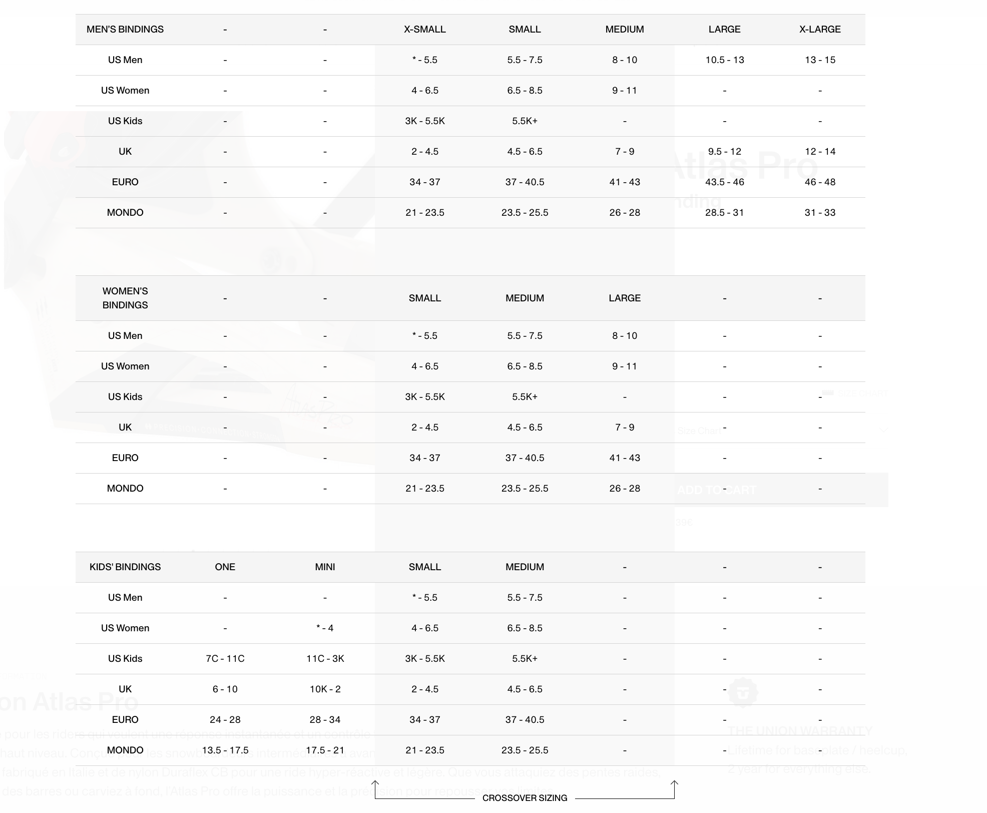 UNION SIZE CHART